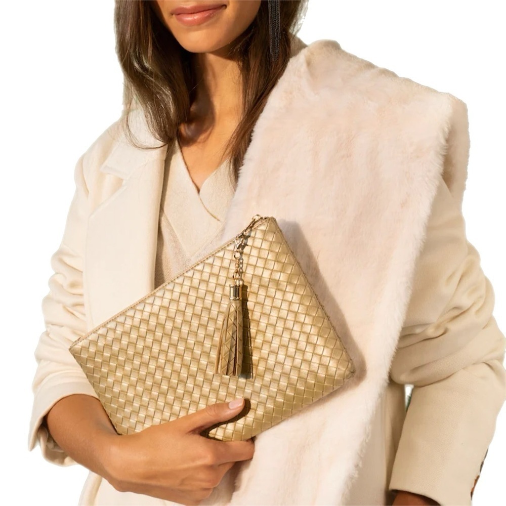 Virginia‎ Wolf Mimi Curateur Gold Metallic Faux Leather Woven Pouch